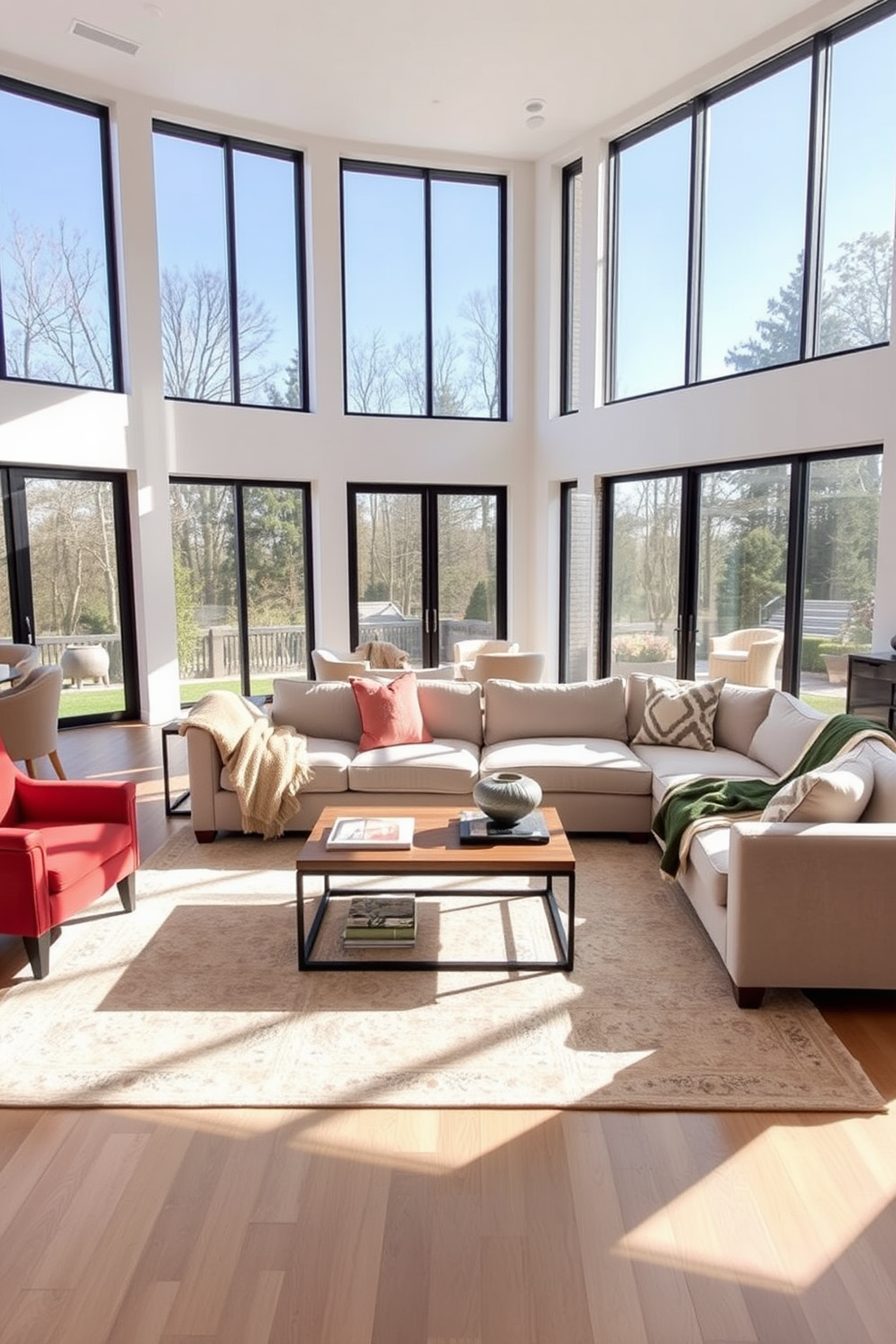 A spacious open floor plan living room featuring multi-functional furniture pieces. The room includes a stylish sectional sofa that converts into a bed, paired with a sleek coffee table that doubles as a storage unit. Natural light floods the space through large windows, highlighting a cozy reading nook with an armchair that includes built-in shelves. The decor is complemented by a neutral color palette with pops of color from decorative cushions and artwork.