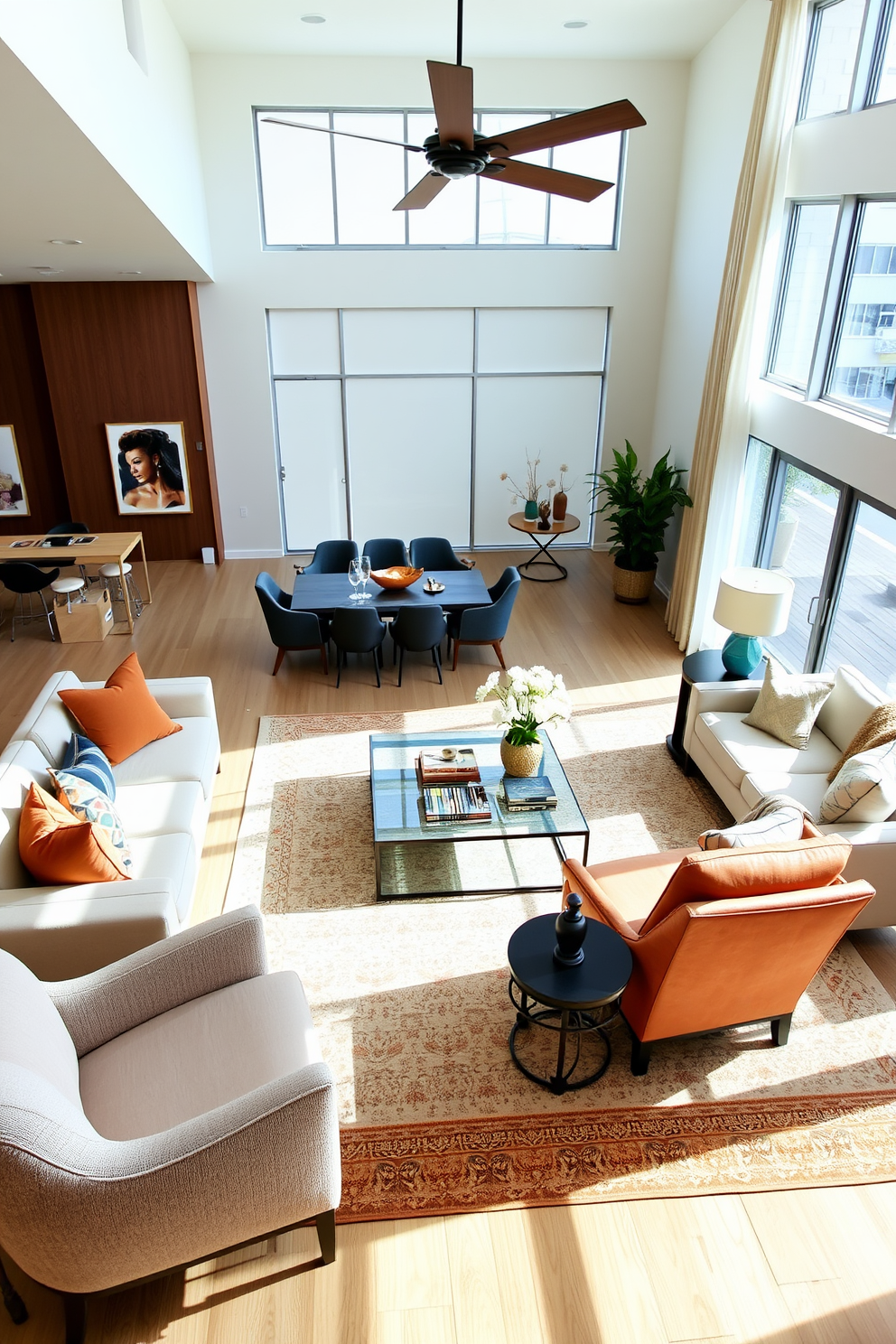 A spacious open floor plan living room features a mix of seating arrangements with varying heights. Plush sofas are complemented by stylish accent chairs and a cozy ottoman, creating an inviting and dynamic atmosphere. Natural light floods the room through large windows, highlighting a neutral color palette with pops of vibrant decor. A statement coffee table sits at the center, surrounded by an area rug that ties the space together beautifully.