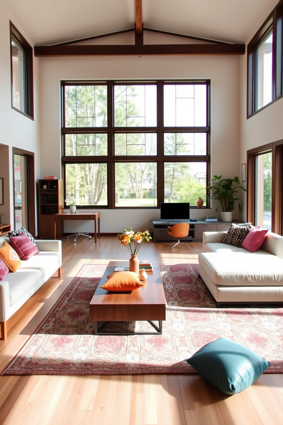 A spacious living room featuring an open floor plan with large windows allowing natural light to flood the space. The room is furnished with a sleek sectional sofa that doubles as a sleeper, paired with a stylish coffee table that has built-in storage. In one corner, a compact desk is integrated seamlessly into the design, providing a functional workspace without compromising aesthetics. The decor includes a mix of vibrant cushions and a large area rug that adds warmth and texture to the room.