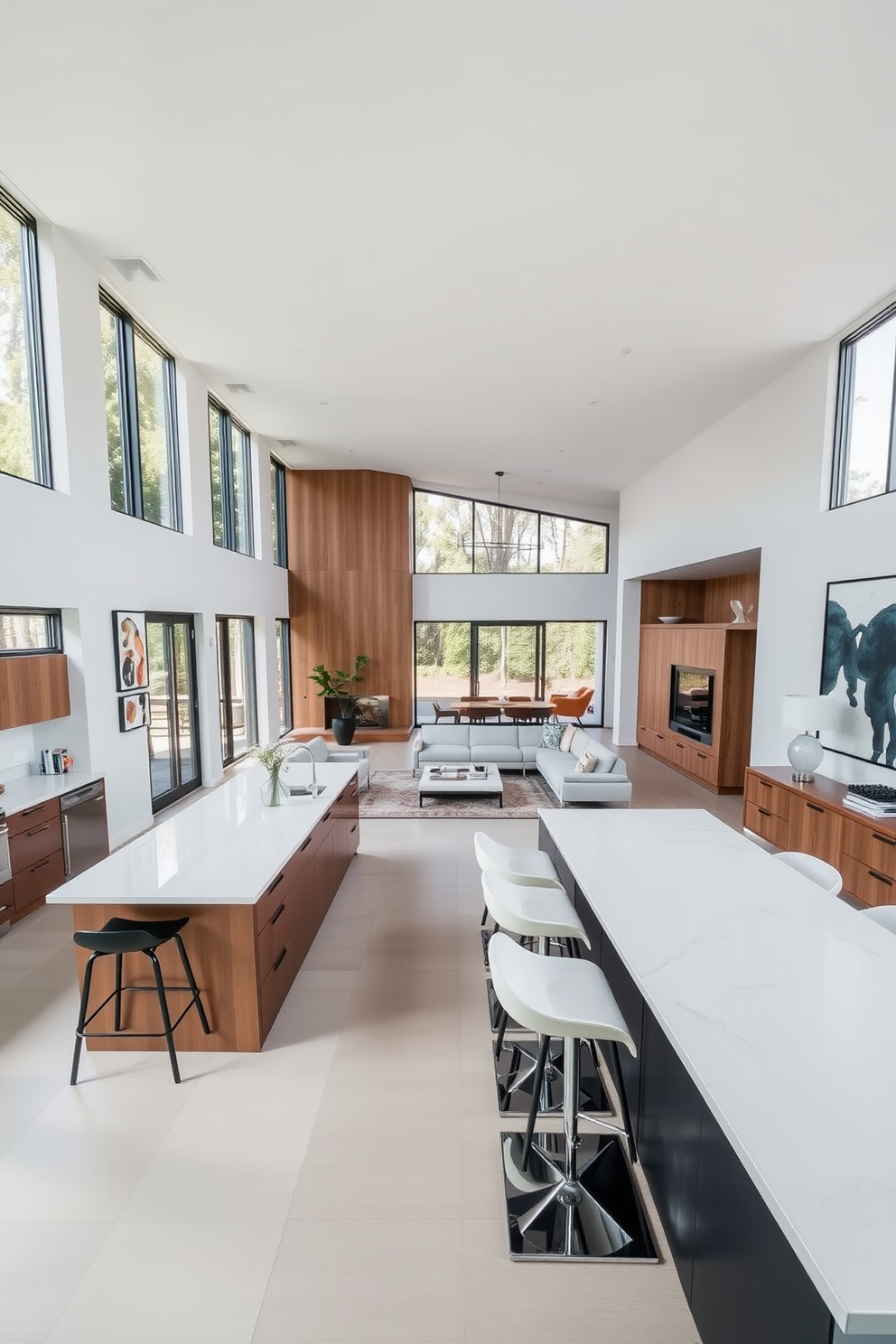 A large kitchen island serves as the centerpiece, featuring a sleek quartz countertop and stylish bar stools. The space is designed with an open floor plan, seamlessly connecting the kitchen to the living room, enhancing both functionality and social interaction. The living room boasts a modern aesthetic, with a plush sectional sofa positioned around a minimalist coffee table. Large windows allow natural light to flood the space, highlighting the warm wood accents and contemporary art pieces adorning the walls.