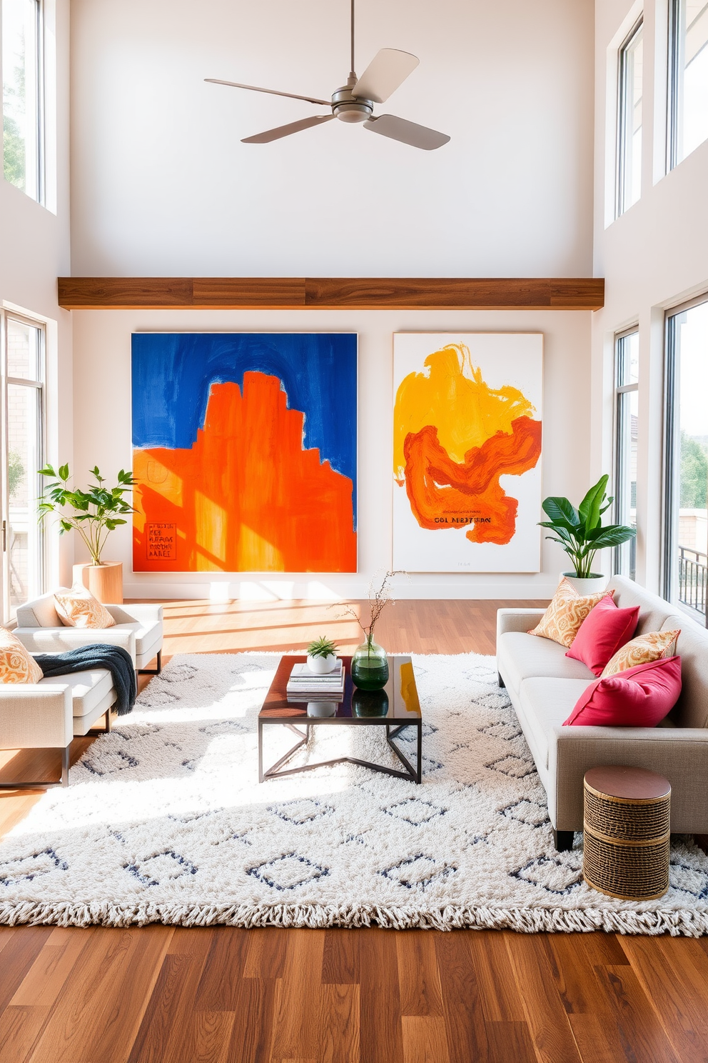 A bright open floor plan living room features large artwork that serves as a focal point and defines the different areas within the space. The walls are painted in a soft neutral tone, allowing the vibrant colors of the artwork to pop, while a plush area rug anchors the seating arrangement. Comfortable seating is arranged in a conversational layout, with a stylish coffee table at the center. Floor-to-ceiling windows let in natural light, enhancing the airy feel of the room and highlighting the artistic decor.