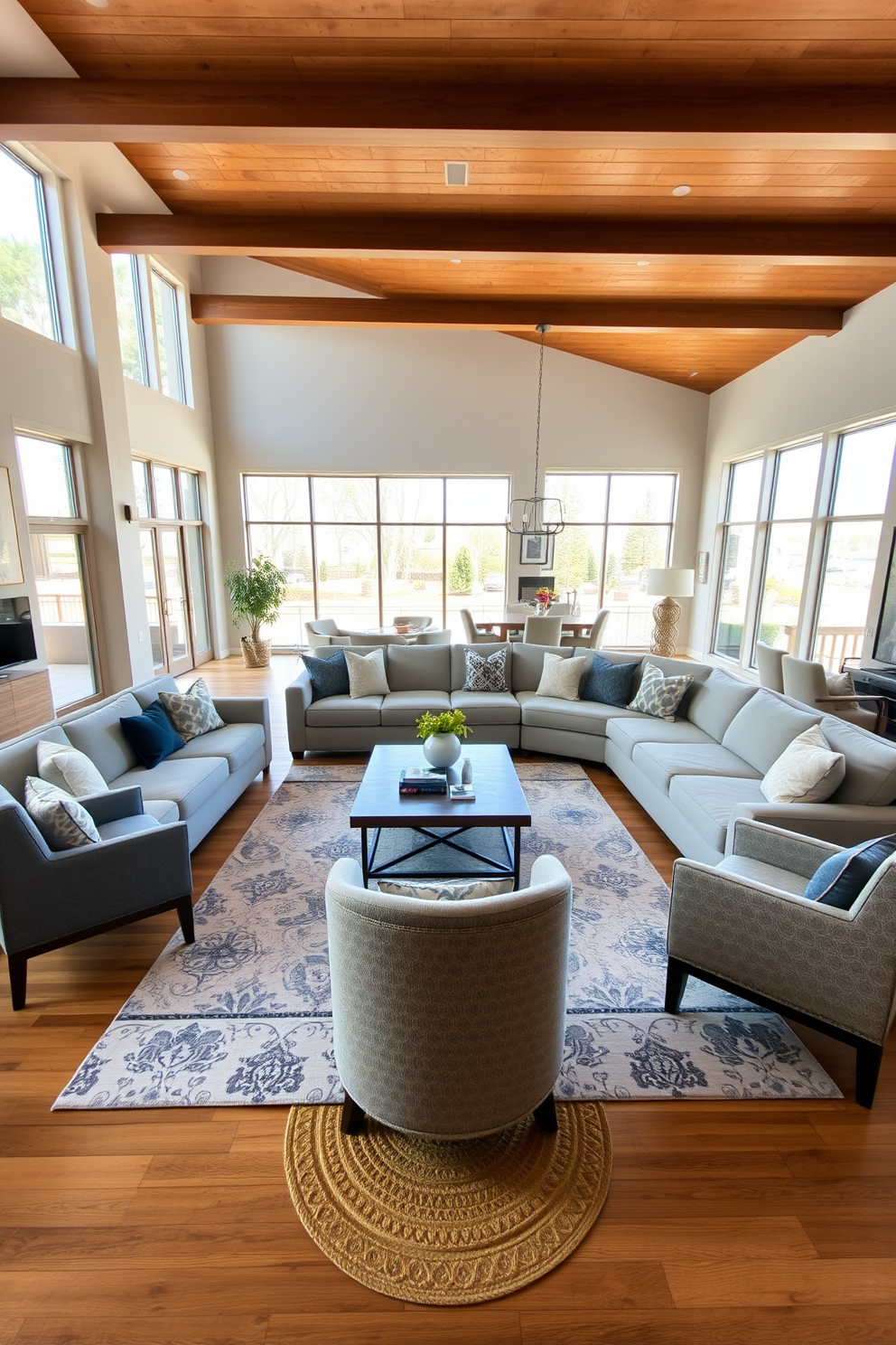 A spacious open floor plan living room features a large sectional sofa arranged in a circular formation to promote conversation. A stylish coffee table sits at the center, surrounded by accent chairs that invite guests to gather and interact. Natural light floods the room through expansive windows, highlighting the warm wood tones of the flooring and the neutral color palette of the furnishings. Decorative throw pillows and a soft area rug add comfort and texture, creating an inviting atmosphere for socializing.