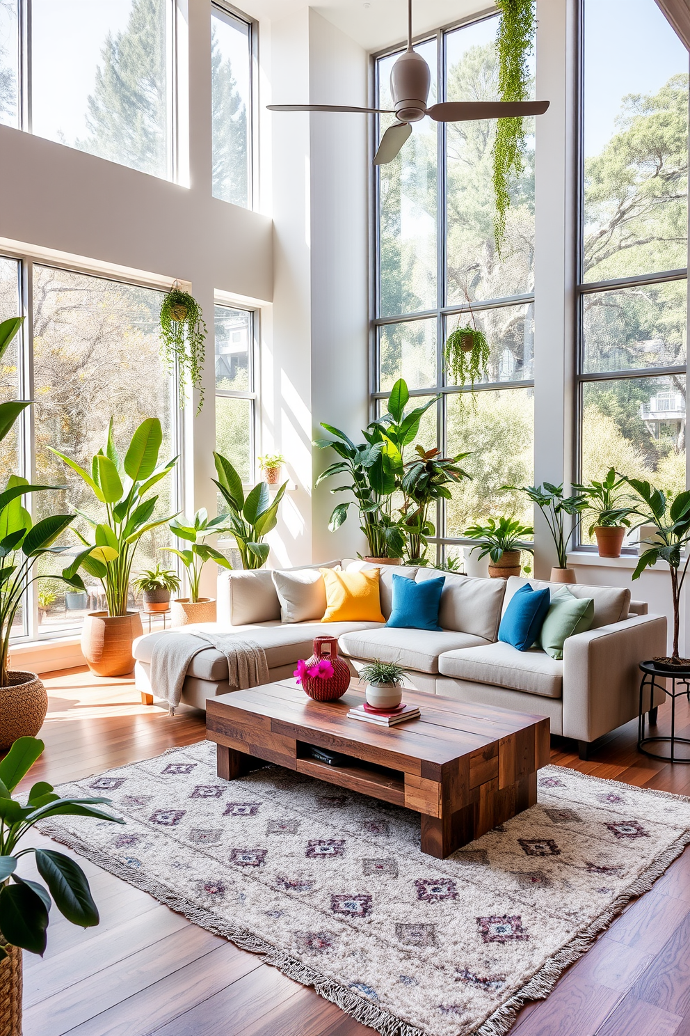 A spacious open floor plan living room features large windows that allow natural light to flood the space. The room is adorned with various indoor plants, adding vibrant greenery and a sense of tranquility to the modern aesthetic. The seating area includes a plush sectional sofa in a neutral tone, complemented by colorful throw pillows. A stylish coffee table made of reclaimed wood sits atop a soft area rug, creating a warm and inviting atmosphere.