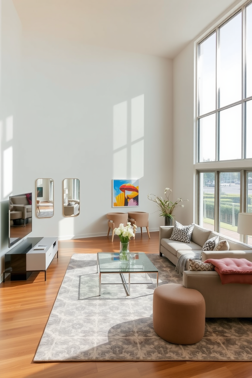 A spacious open floor plan living room features large windows that allow natural light to flood the space. The room is adorned with a cozy sectional sofa in a soft neutral fabric, complemented by a textured area rug beneath. Stylish pendant lights hang from the ceiling, providing a warm and inviting glow. A modern coffee table sits at the center, surrounded by decorative cushions and a few carefully curated art pieces on the walls.