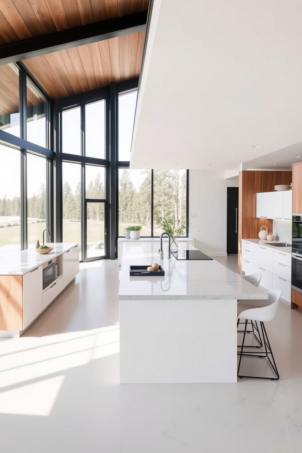 A spacious open kitchen featuring a large central island that serves both cooking and dining purposes. The island is topped with a stunning quartz countertop and surrounded by stylish bar stools for casual dining. The cabinetry is a mix of sleek white and warm wood tones, creating a harmonious balance. Large windows flood the space with natural light, enhancing the modern and inviting atmosphere.