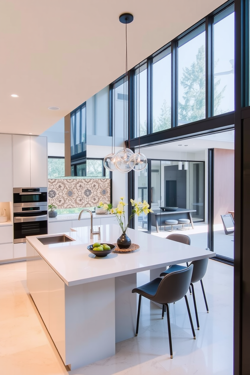 An elegant open kitchen design featuring glass partitions that provide subtle separation between the cooking and dining areas. The kitchen includes a large island with bar seating, sleek cabinetry, and modern appliances, all harmoniously integrated into the space.