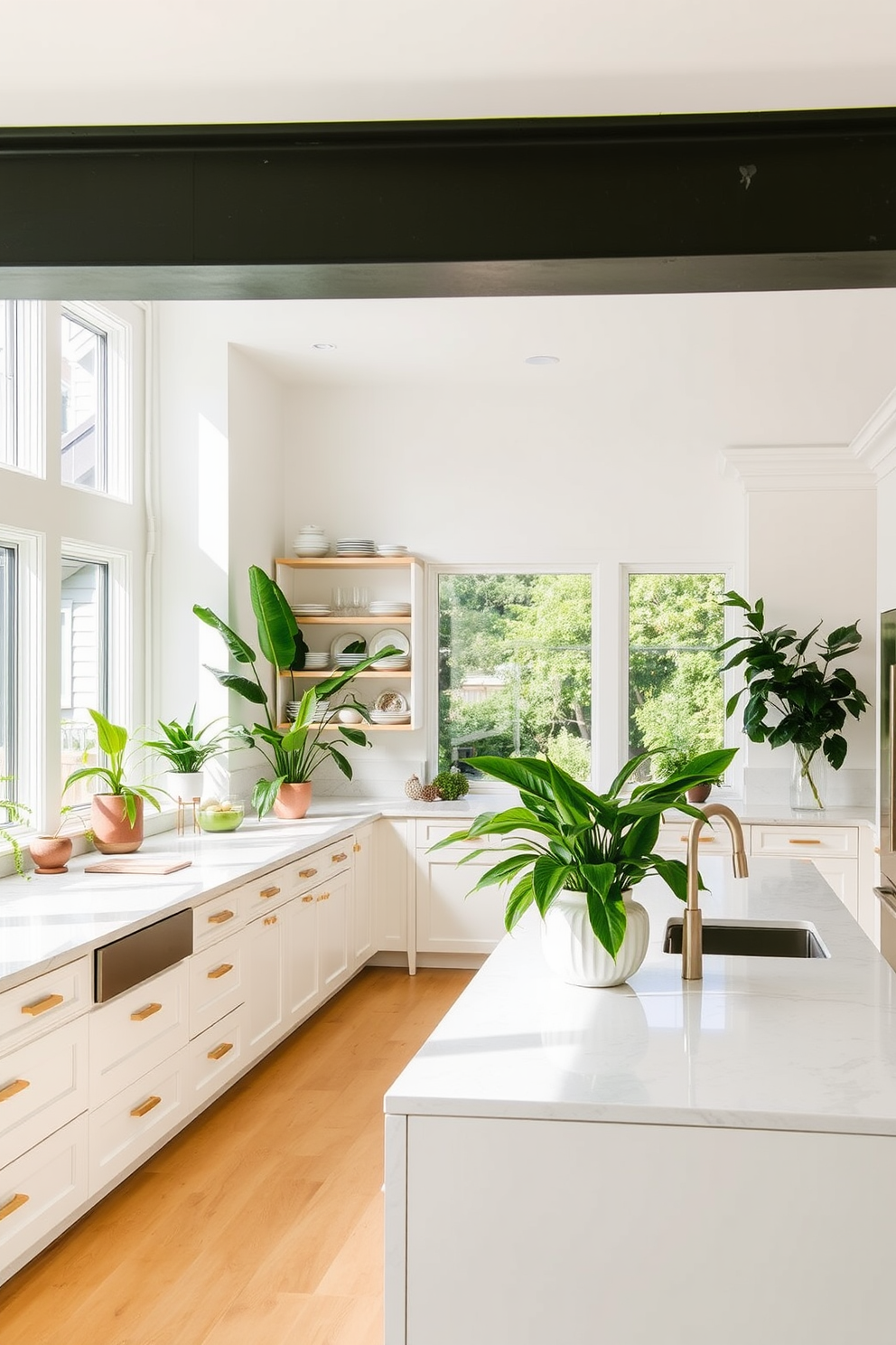 A modern open kitchen featuring hidden appliances seamlessly integrated into sleek cabinetry. The design showcases a large island with a waterfall countertop, providing ample space for cooking and entertaining. The cabinetry is finished in a soft matte white, creating a bright and airy atmosphere. Under-cabinet lighting highlights the elegant backsplash, while bar stools offer a cozy seating area.