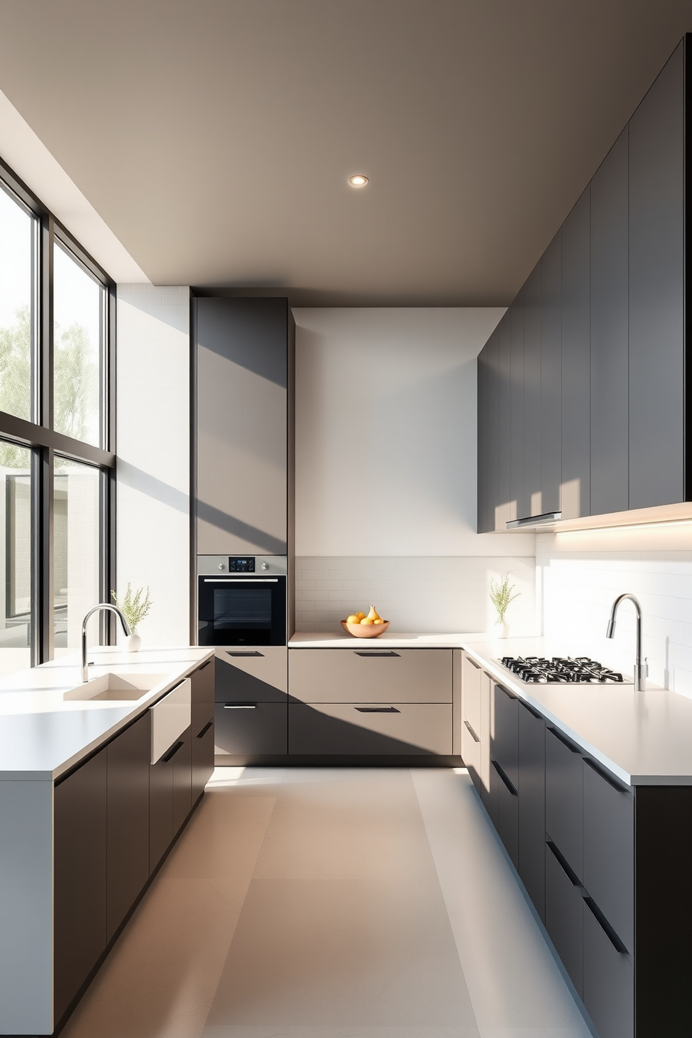 A minimalist open kitchen design featuring sleek cabinetry with a matte finish and a large central island. The countertops are made of white quartz, and the backsplash consists of simple subway tiles in a neutral tone. Natural light floods the space through large windows, highlighting the clean lines and uncluttered surfaces. A few carefully chosen decorative elements, such as a bowl of fresh fruit, add a touch of warmth to the overall simplicity.