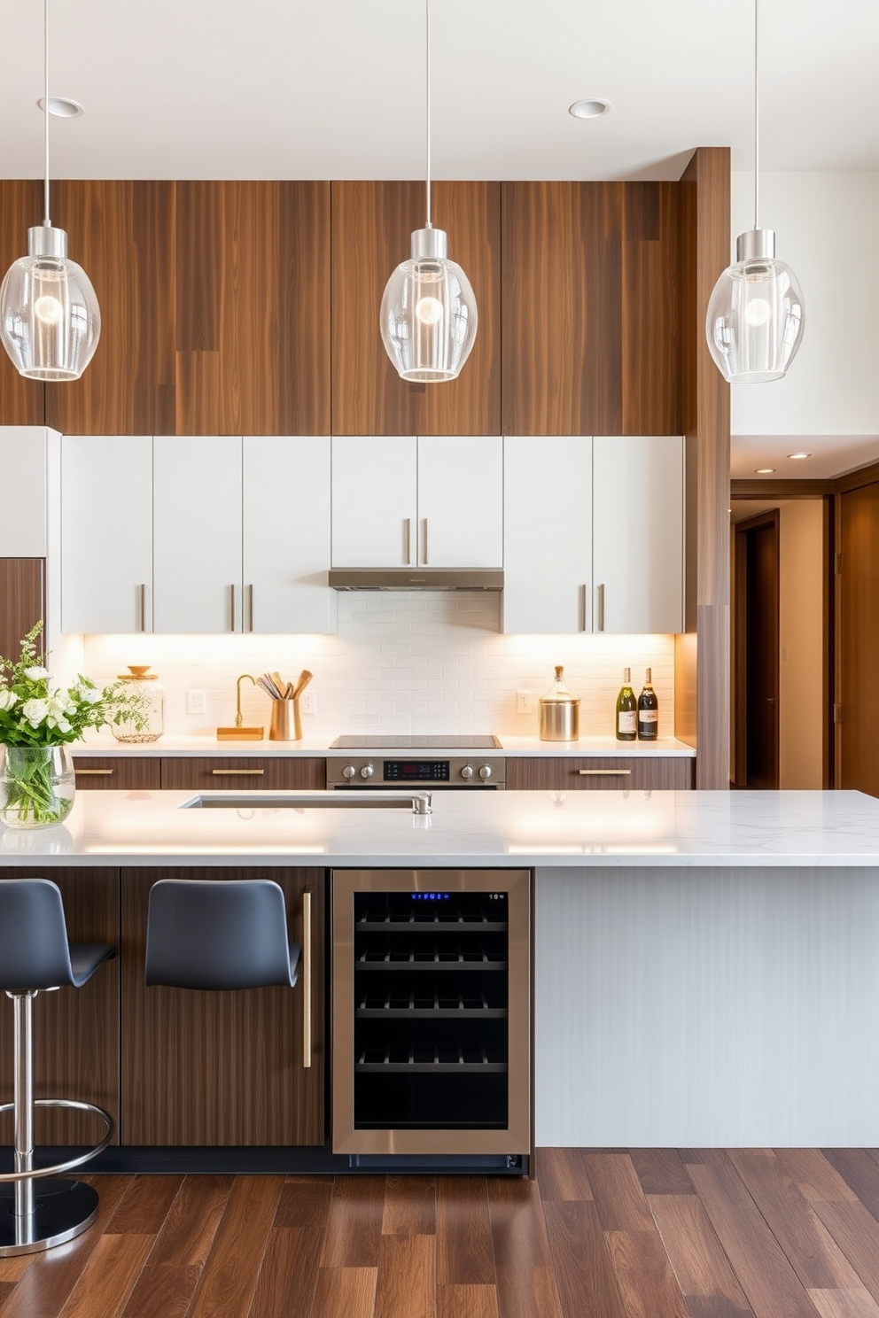 A bright open kitchen featuring floor-to-ceiling windows that flood the space with natural light. The kitchen island is topped with a sleek quartz surface and surrounded by modern bar stools. The cabinetry is a mix of matte white and natural wood finishes, creating a warm and inviting atmosphere. Stainless steel appliances are seamlessly integrated, enhancing the contemporary aesthetic of the design.