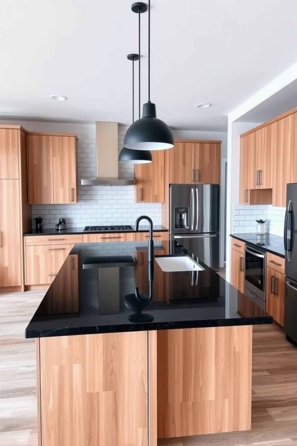 A modern open kitchen design featuring a spacious layout with a large island at the center. The island is topped with a sleek black granite surface while the cabinets are finished in warm natural wood, creating a striking contrast. The kitchen is equipped with stainless steel appliances and has a stylish backsplash made of white subway tiles. Pendant lights with a matte black finish hang above the island, adding a contemporary touch to the overall aesthetic.