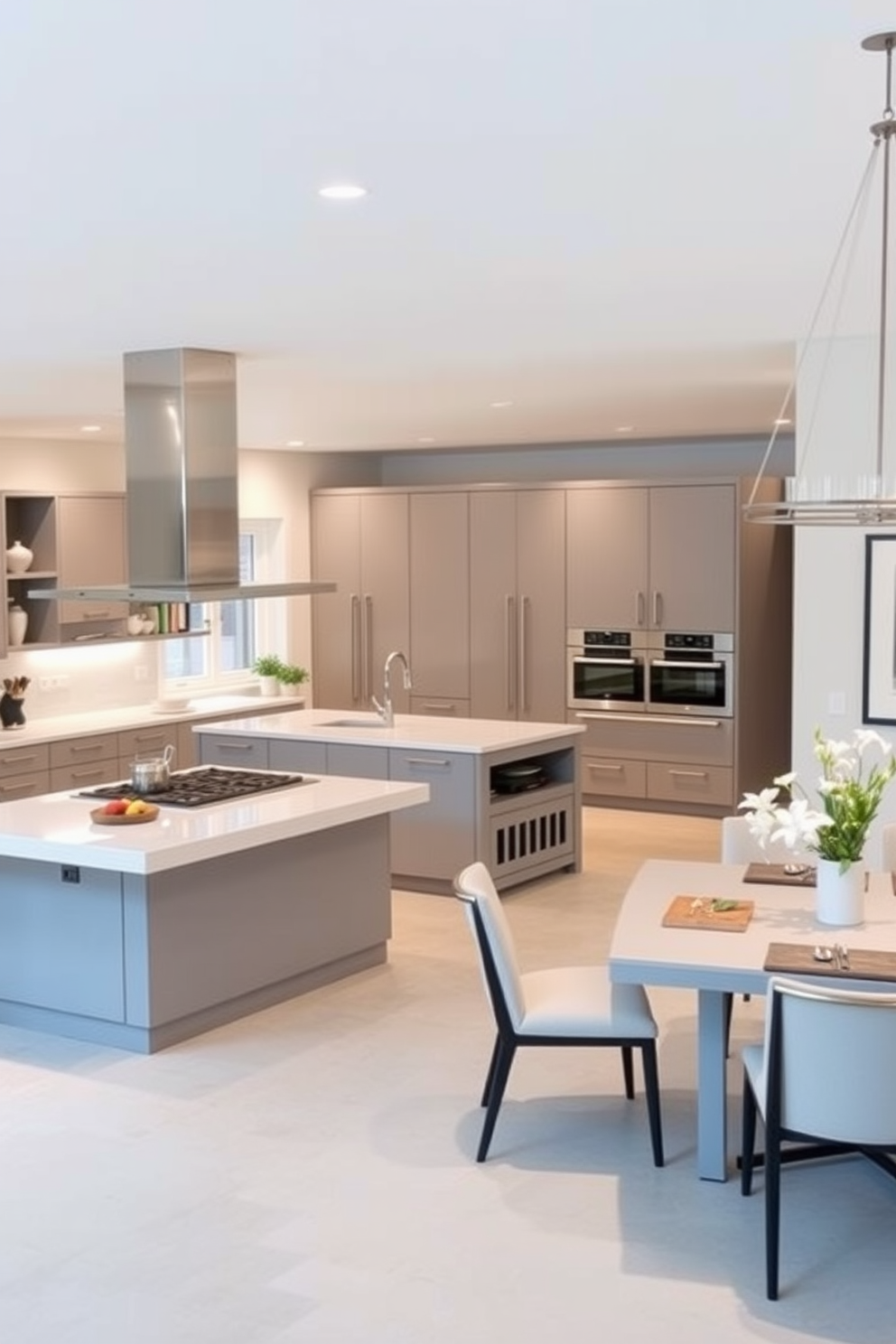 A modern kitchen featuring smart technology seamlessly integrated into the design. The space includes a large island with a built-in induction cooktop and smart appliances that can be controlled via a mobile app. The cabinetry is sleek and minimalist, finished in a high-gloss white with touch-sensitive handles. Large windows allow natural light to flood the room, highlighting the quartz countertops and stylish pendant lighting above the island.