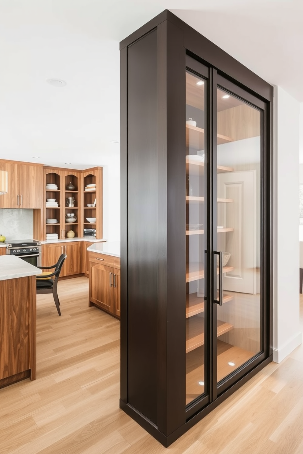 A spacious open kitchen featuring a large pantry that provides ample storage space. The pantry is designed with wooden shelves and glass doors, seamlessly integrated into the kitchen's overall aesthetic.