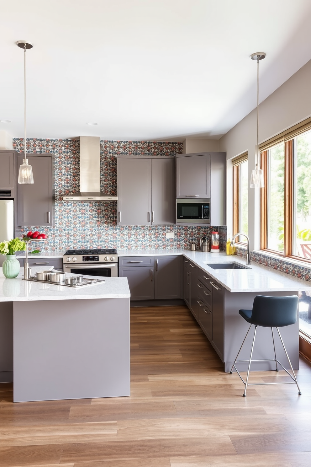 A stunning open kitchen design features a statement backsplash that serves as the focal point of the space. The backsplash is adorned with intricate tile patterns in vibrant colors, complementing the sleek cabinetry and modern appliances. The kitchen island is spacious and inviting, with bar stools arranged for casual dining. Natural light floods the area through large windows, enhancing the warm and welcoming atmosphere.