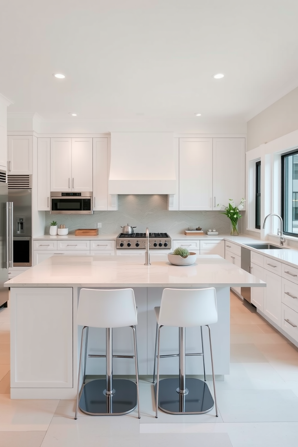 A modern open kitchen featuring contrasting colors for a dynamic appeal. The cabinets are a deep navy blue while the island is a bright white with sleek bar stools. The backsplash showcases vibrant yellow tiles that pop against the dark cabinetry. Large windows allow natural light to flood the space, highlighting the unique color combinations.