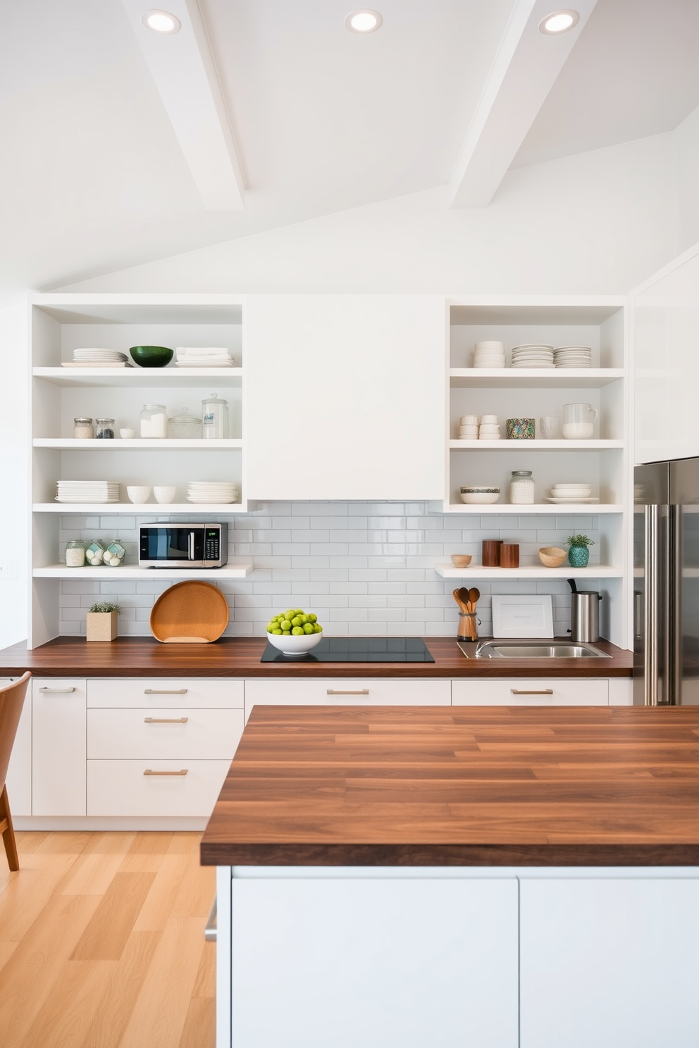 A modern open kitchen featuring spacious open shelving for easy access storage. The shelves are filled with neatly arranged dishware, glass jars, and potted herbs, creating a functional yet stylish display. The kitchen island is central to the design, with a sleek countertop that complements the cabinetry. Natural light floods the space through large windows, enhancing the warm tones of the wood and the inviting atmosphere.