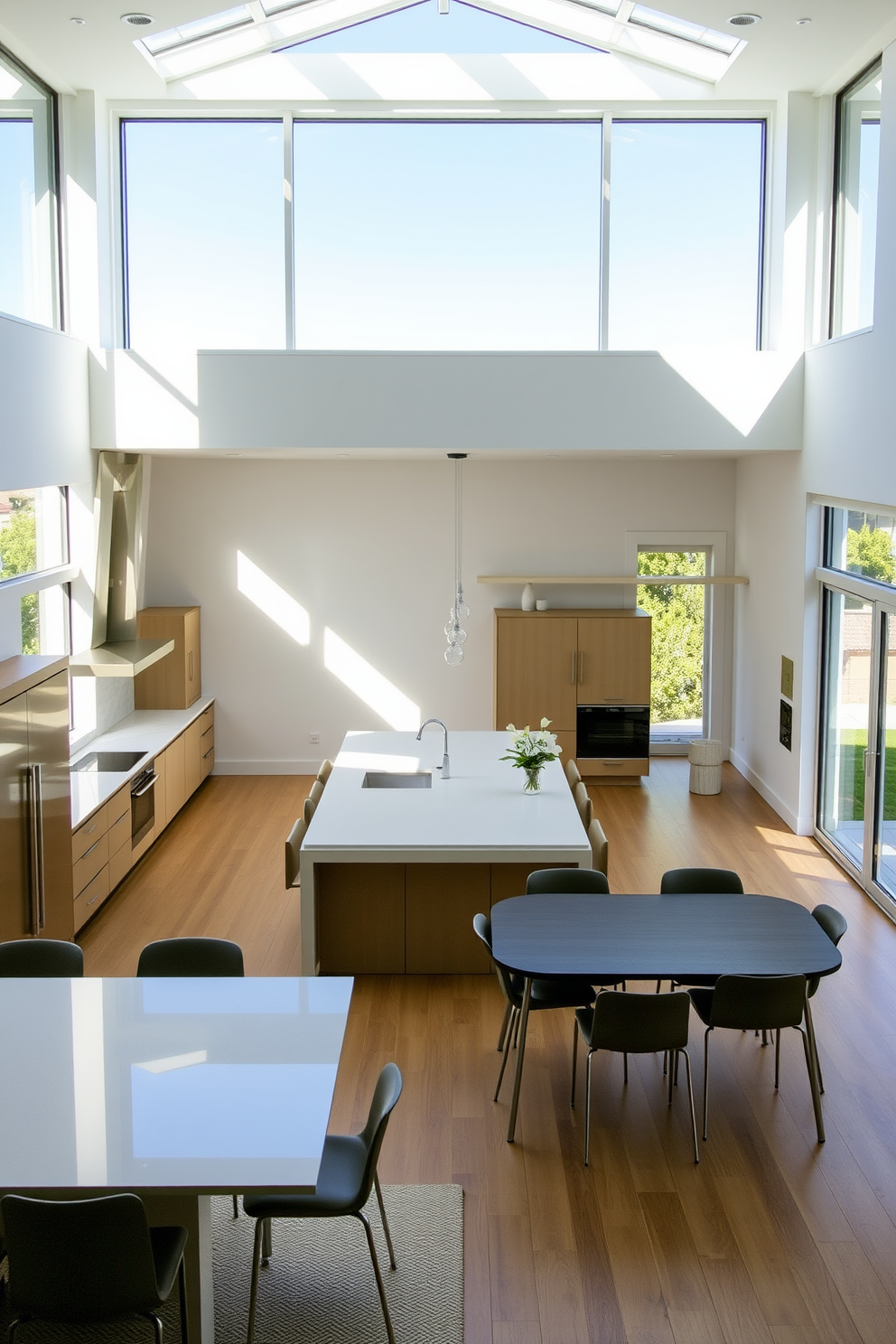 A spacious open kitchen design that emphasizes airflow and natural light. The kitchen features an oversized island with bar seating, surrounded by sleek cabinetry and modern appliances. Large windows line the walls, allowing sunlight to flood the space and create a warm atmosphere. A seamless transition to the dining area is highlighted by a minimalist dining table and stylish chairs.