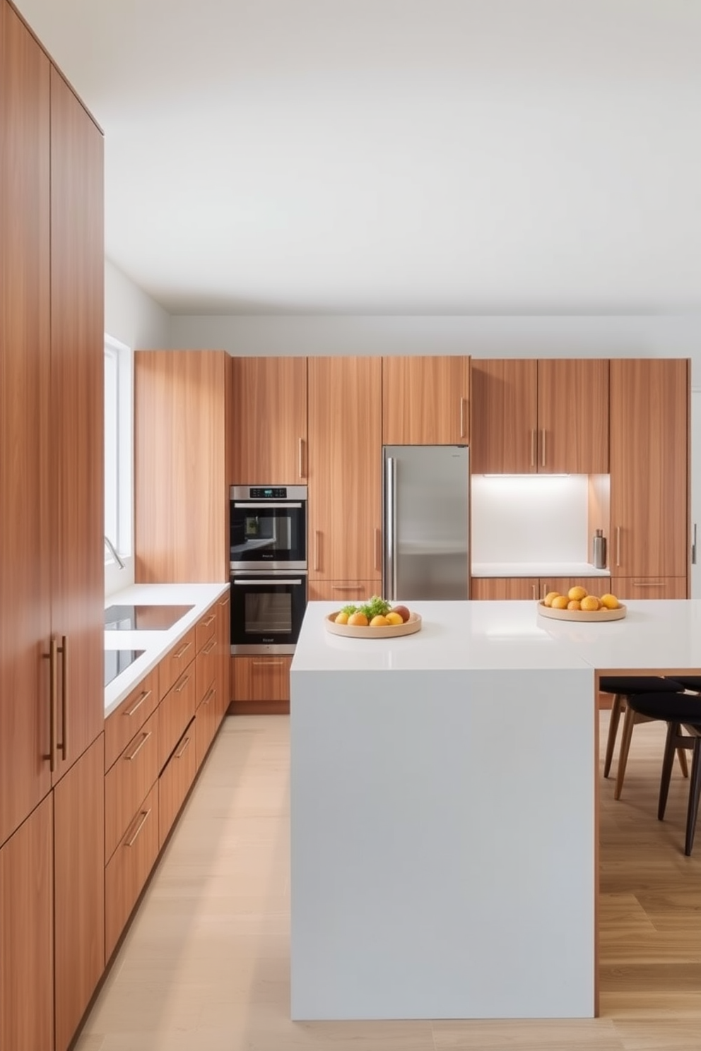 A bright and inviting open kitchen featuring under-cabinet lighting that creates a warm ambiance. The kitchen island is topped with a sleek quartz surface and surrounded by stylish bar stools, while the cabinetry is a blend of white and natural wood finishes.