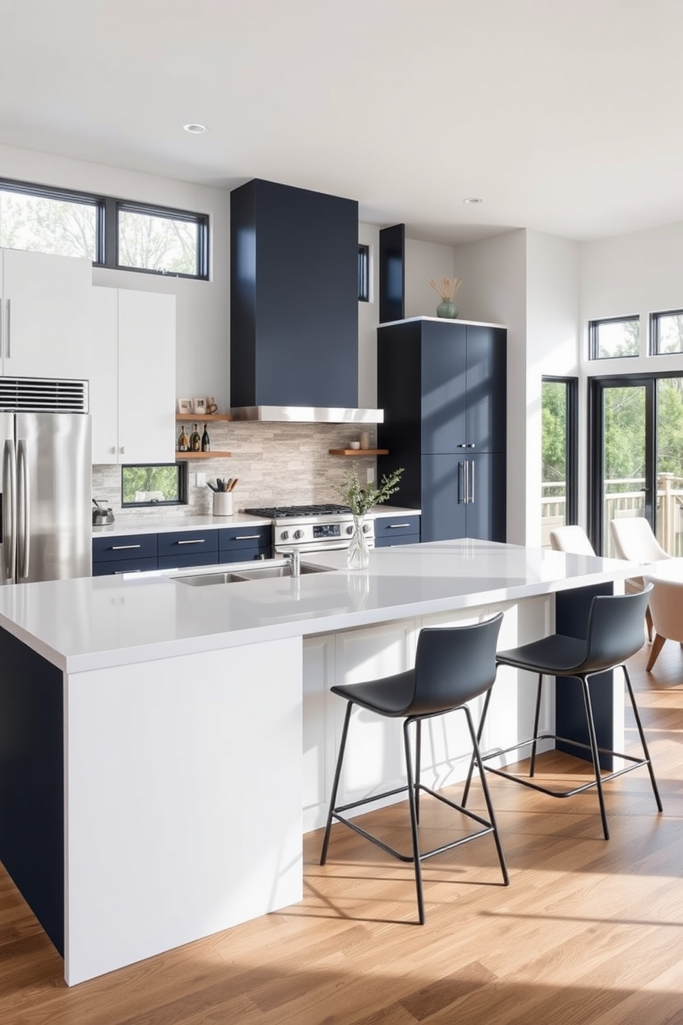 A modern open kitchen featuring a large kitchen island with seating for four. The island is topped with a sleek quartz countertop, and stylish bar stools are arranged around it for casual dining. The cabinetry is a mix of white and navy blue, providing a contemporary contrast. Large windows allow natural light to flood the space, highlighting the stainless steel appliances and a stylish backsplash.