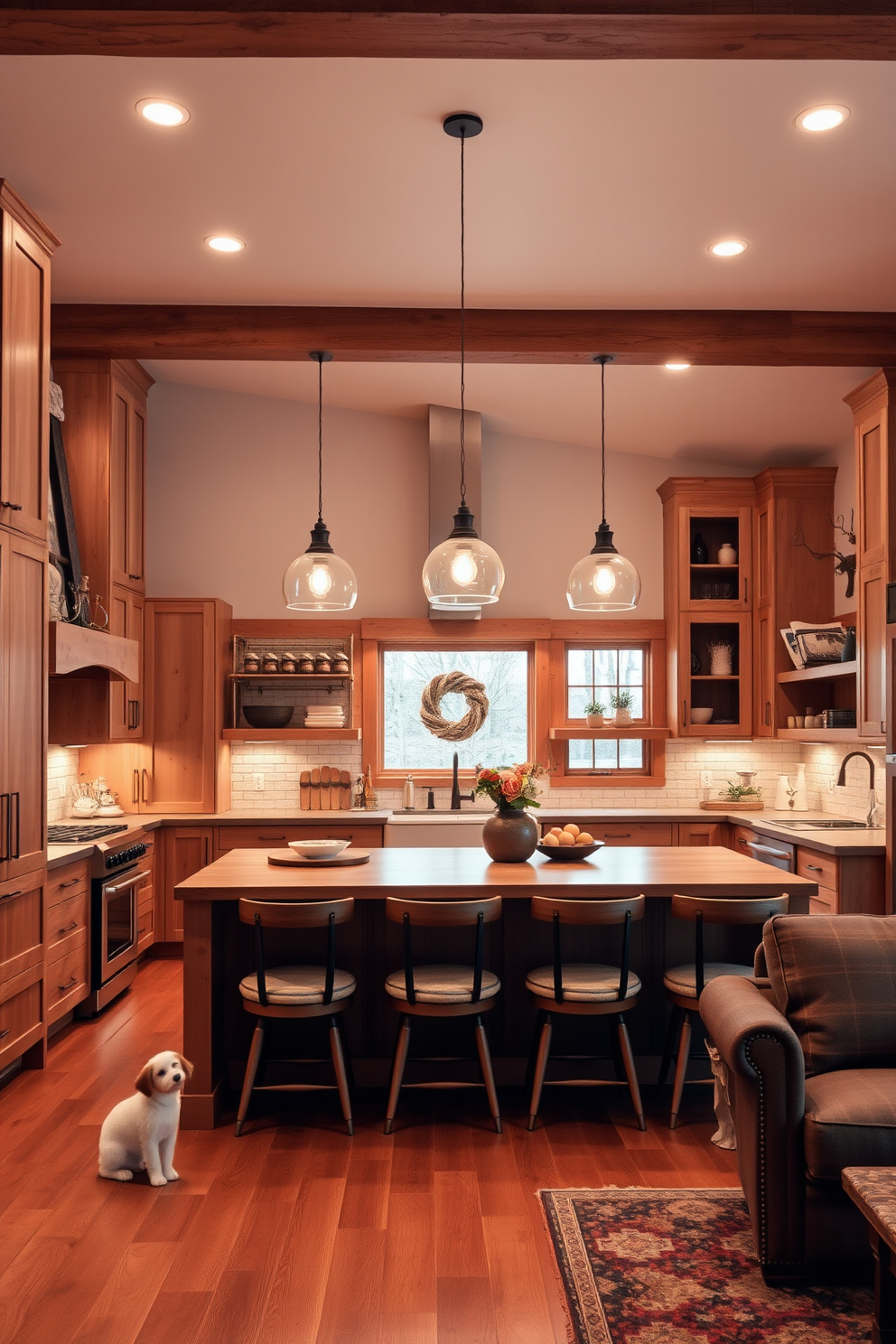 A portable kitchen island with a sleek design featuring a wooden top and metal frame offers flexibility in a modern kitchen. Surrounding the island are high stools, and the open kitchen design incorporates ample natural light through large windows, creating an inviting atmosphere.