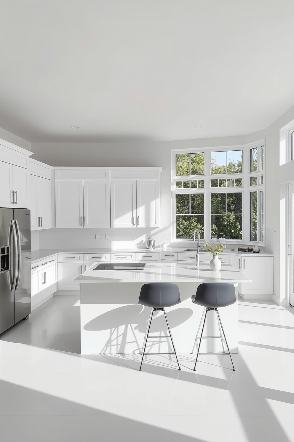 A bright open kitchen featuring white cabinetry that creates a fresh and airy atmosphere. The kitchen island is topped with a sleek quartz countertop, and stylish bar stools are positioned on one side for casual dining. Large windows allow natural light to flood the space, highlighting the clean lines and minimalist design elements. Stainless steel appliances provide a modern touch while complementing the overall aesthetic of the kitchen.