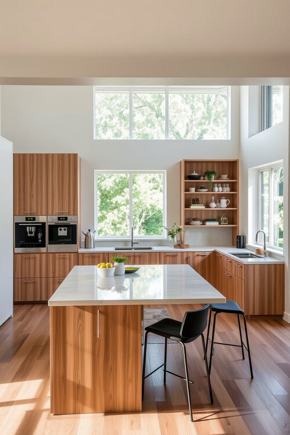 A stylish open kitchen featuring a large island with a sleek quartz countertop and bar stools for casual dining. The cabinetry is a mix of white and natural wood, creating a warm and inviting atmosphere. On one side of the kitchen, a dedicated coffee station is elegantly integrated, complete with a built-in espresso machine and shelves for coffee mugs and accessories. Large windows allow natural light to flood the space, highlighting the modern appliances and chic decor.