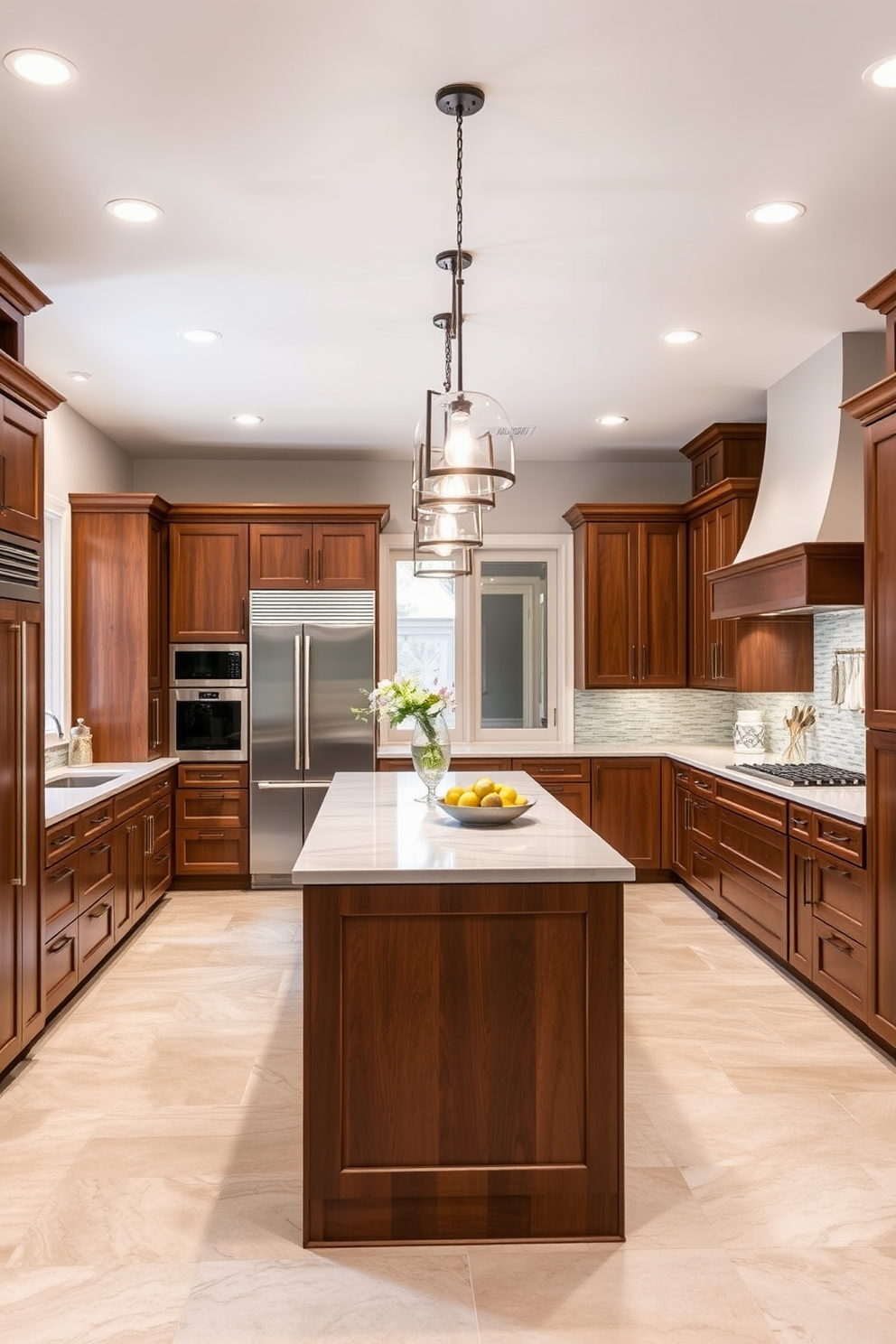 A spacious open kitchen with large windows allowing natural light to flood the space. The design features sleek cabinetry in a soft white finish complemented by a large island with a contrasting dark wood countertop. Mirrors are strategically placed on the backsplash to enhance light reflection and create a sense of depth. The kitchen is adorned with modern pendant lights hanging above the island, adding a touch of elegance to the overall design.