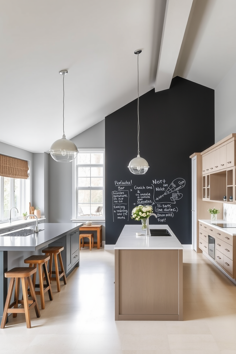 A modern open kitchen featuring a large island with bar seating and sleek pendant lights hanging above. The walls are painted in a soft gray, and one wall is transformed into a chalkboard surface for notes and creative ideas.