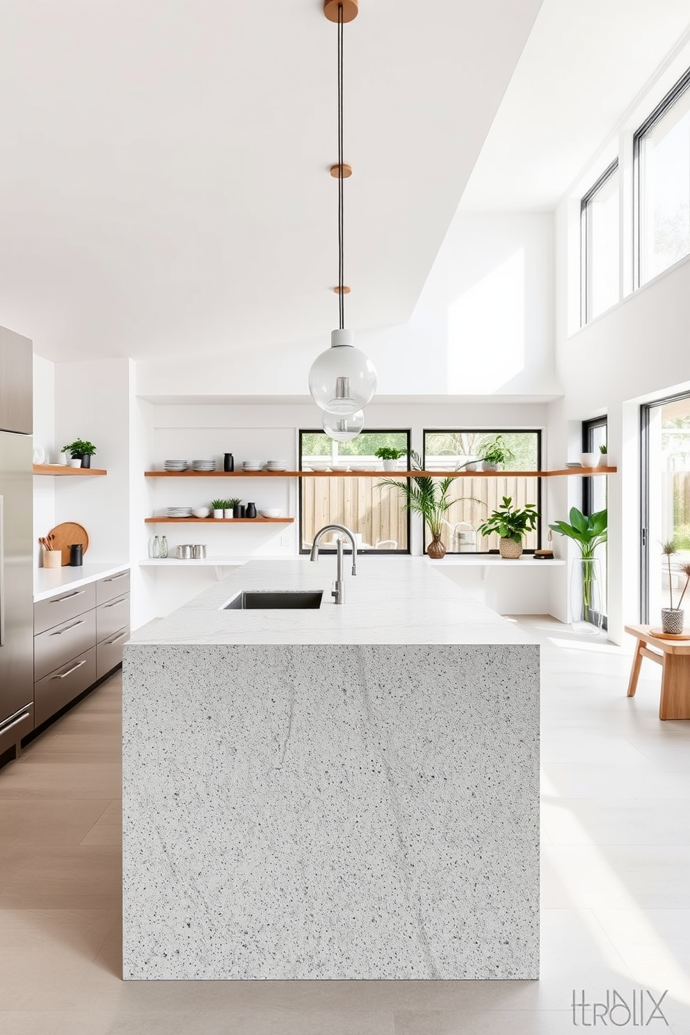 A modern open kitchen design featuring a large island with a textured stone countertop that contrasts with sleek cabinetry. The space is filled with natural light from large windows, and pendant lights with a minimalist design hang above the island. The walls are painted in a soft white hue, creating a bright and airy atmosphere. Incorporate open shelving to display stylish dishware and plants, enhancing the kitchen's inviting feel.