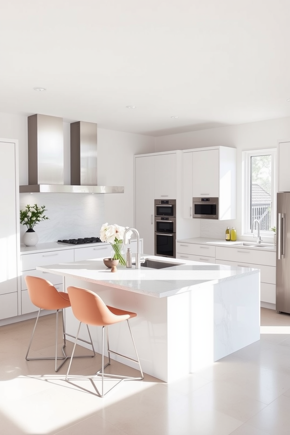 A sleek open kitchen design features glossy countertops that reflect light and add a polished finish. The space is enhanced by minimalist cabinetry and modern appliances that create a seamless flow throughout the area.