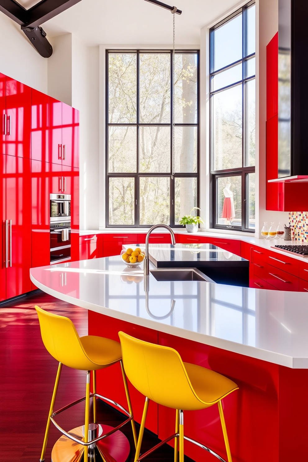 A vibrant open kitchen design featuring bold red cabinets paired with a sleek black island. The countertops are a bright white quartz, creating a striking contrast against the rich colors. Large windows allow natural light to flood the space, highlighting the colorful backsplash made of multi-colored tiles. Stylish bar stools in a bright yellow add a cheerful touch to the modern aesthetic.