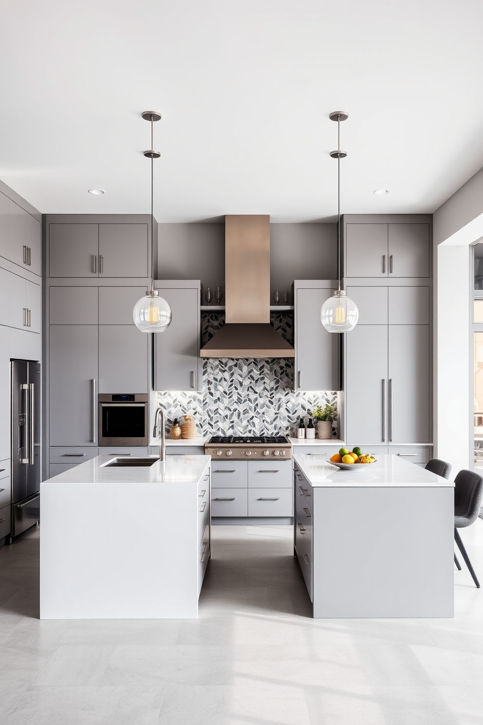 A modern open kitchen design featuring a spacious layout with a large island at the center. The kitchen is equipped with sleek cabinetry in a soft gray finish and a statement range hood that adds a touch of elegance. Stainless steel appliances complement the contemporary aesthetic, while pendant lights hang above the island for illumination. The backsplash showcases a mosaic tile pattern that enhances the visual appeal of the space.