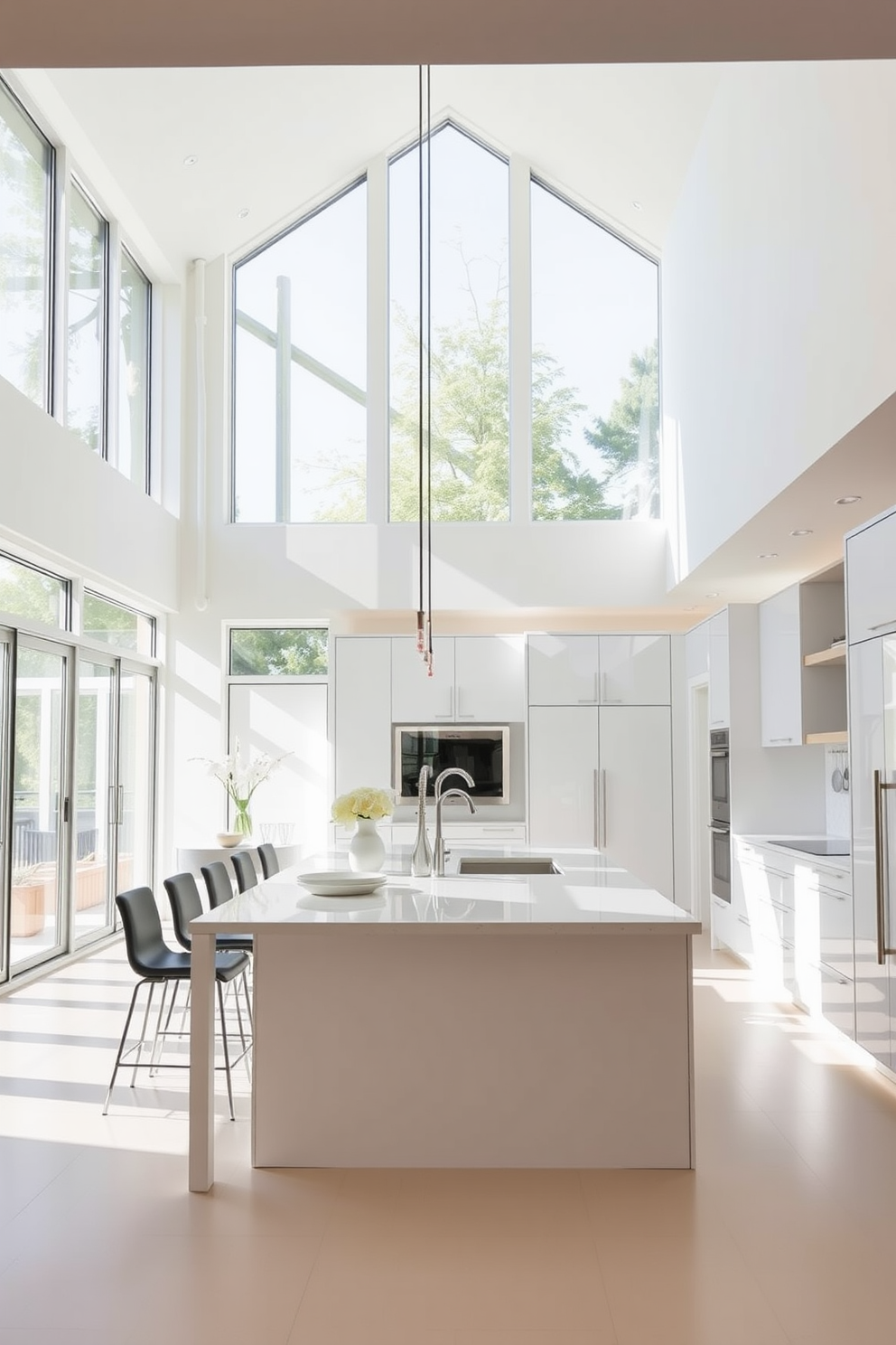 A bright and airy open kitchen featuring sleek cabinetry in a soft white finish. The space is illuminated by modern pendant lights that hang gracefully above a large kitchen island with a contrasting dark wood countertop.