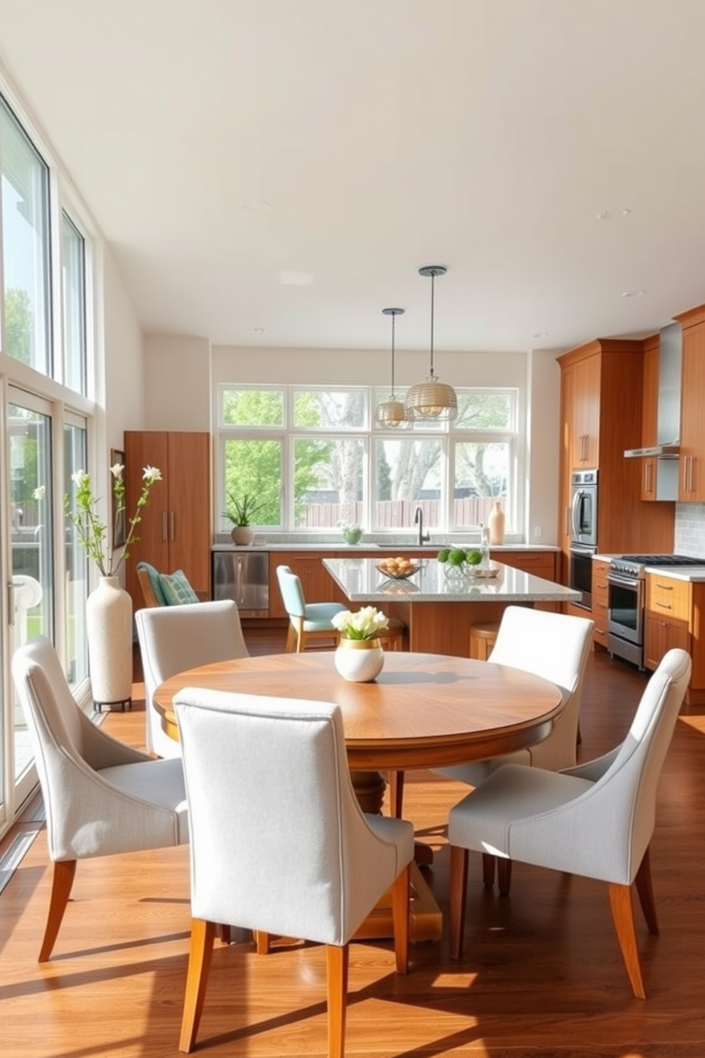 A bright and inviting breakfast nook features a round wooden table surrounded by upholstered chairs in soft pastel colors. Large windows allow natural light to flood the space, enhancing the cheerful atmosphere. The open kitchen design showcases sleek cabinetry in a warm wood finish, complemented by a spacious island with bar seating. Stainless steel appliances and modern fixtures add a touch of sophistication, while decorative pendant lights hang above the island for added warmth.