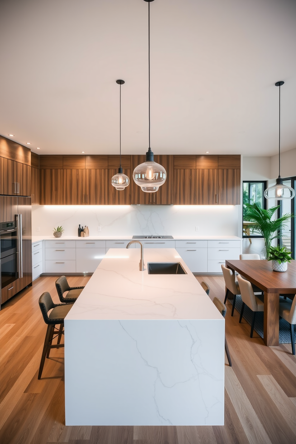 A modern open kitchen design featuring a large island with a sleek quartz countertop. Pendant lights hang gracefully above the island, providing stylish illumination and enhancing the overall ambiance of the space. The cabinetry is a combination of white and natural wood finishes, creating a warm and inviting atmosphere. A spacious dining area is integrated into the kitchen layout, with a wooden table surrounded by comfortable chairs.