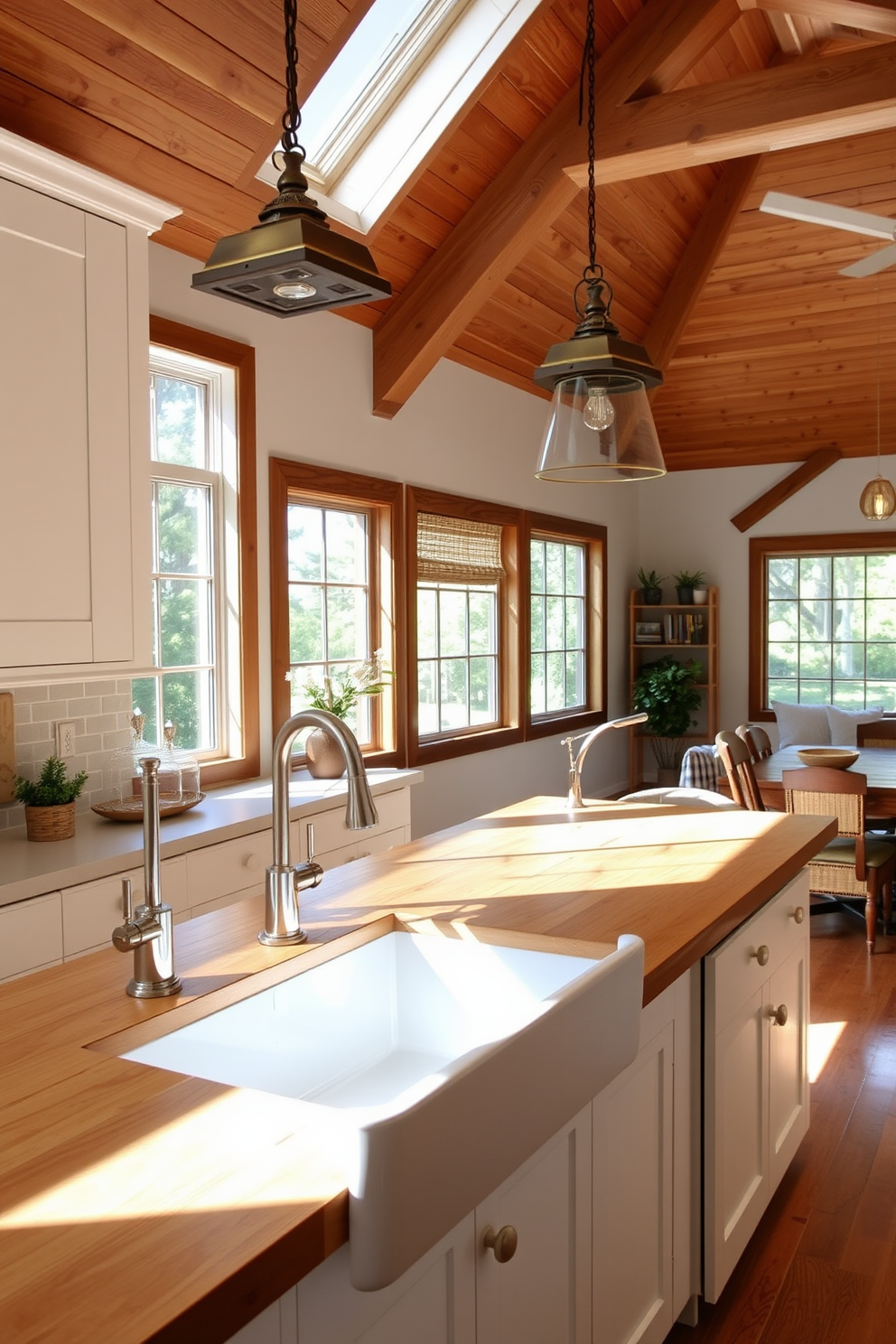 A charming open kitchen design featuring a large farmhouse sink with a brushed nickel faucet. The space is adorned with white shaker cabinets and a butcher block island that serves as a focal point for gatherings. Natural light floods the room through large windows, highlighting the warm wood tones and soft gray backsplash. Rustic pendant lights hang above the island, adding a touch of character to the inviting atmosphere.