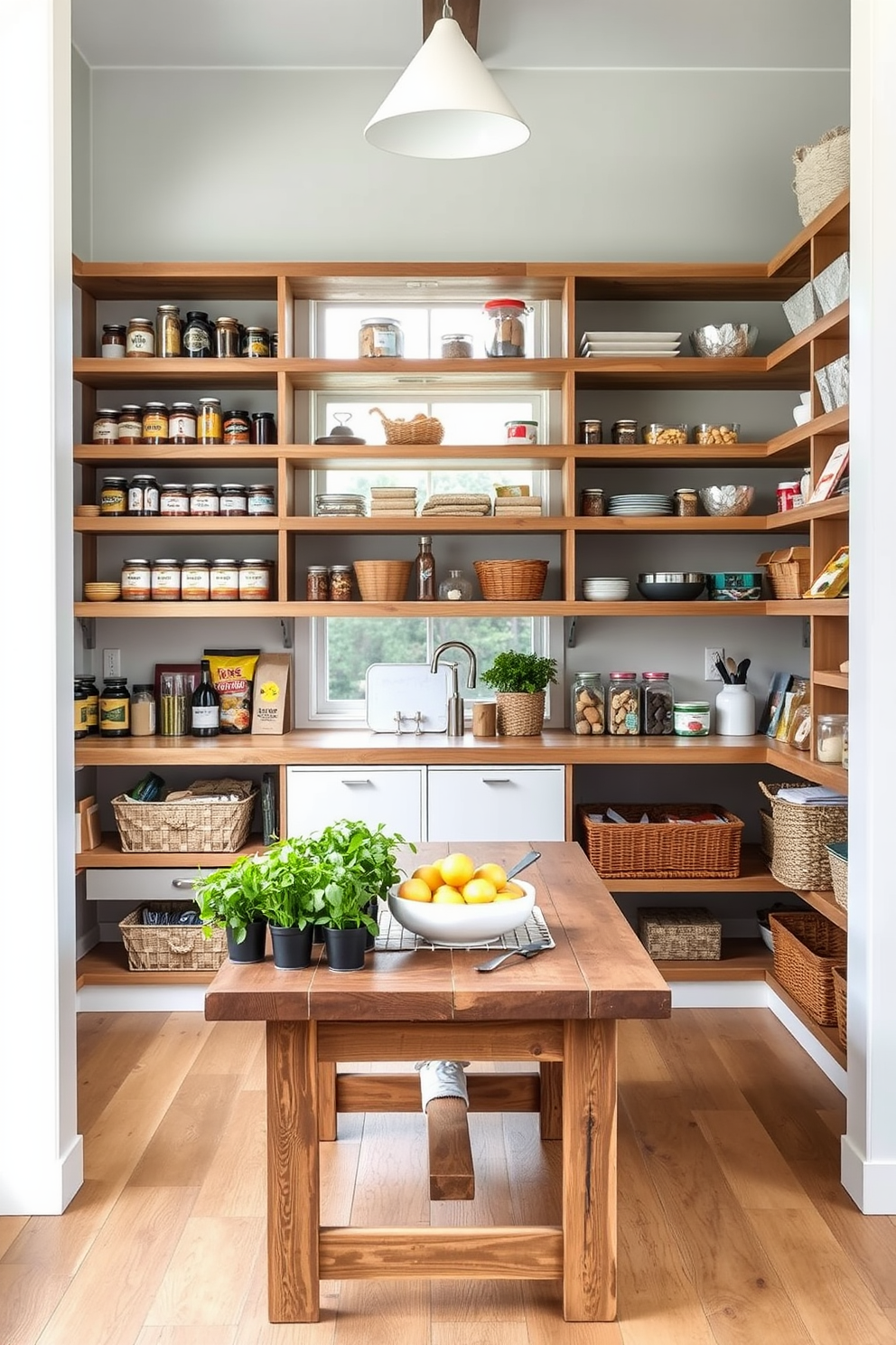 A modern open pantry featuring open shelving for easy access to everyday items. The shelves are made of reclaimed wood and are neatly organized with jars of spices, canned goods, and baskets for snacks. The pantry has a bright and airy feel, with large windows allowing natural light to flood the space. A rustic wooden table in the center serves as a prep area, adorned with fresh herbs in pots and a fruit bowl.