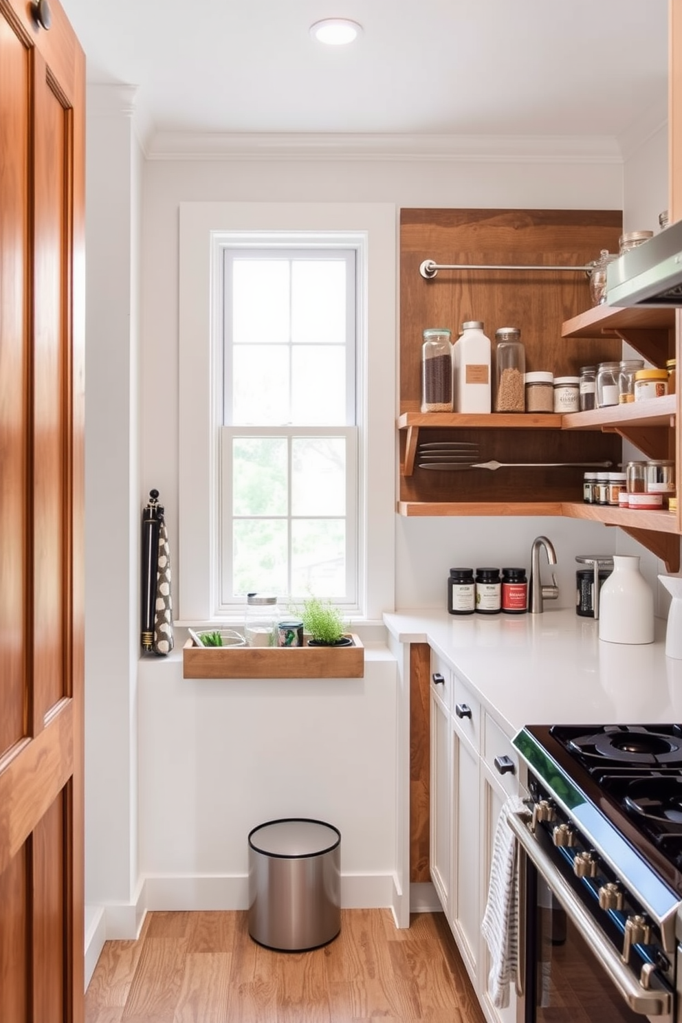 A modern open pantry design featuring high shelves that are easily accessible with a stylish wooden ladder. The shelves are filled with neatly organized jars and containers, showcasing a variety of colorful spices and grains against a backdrop of light gray walls.