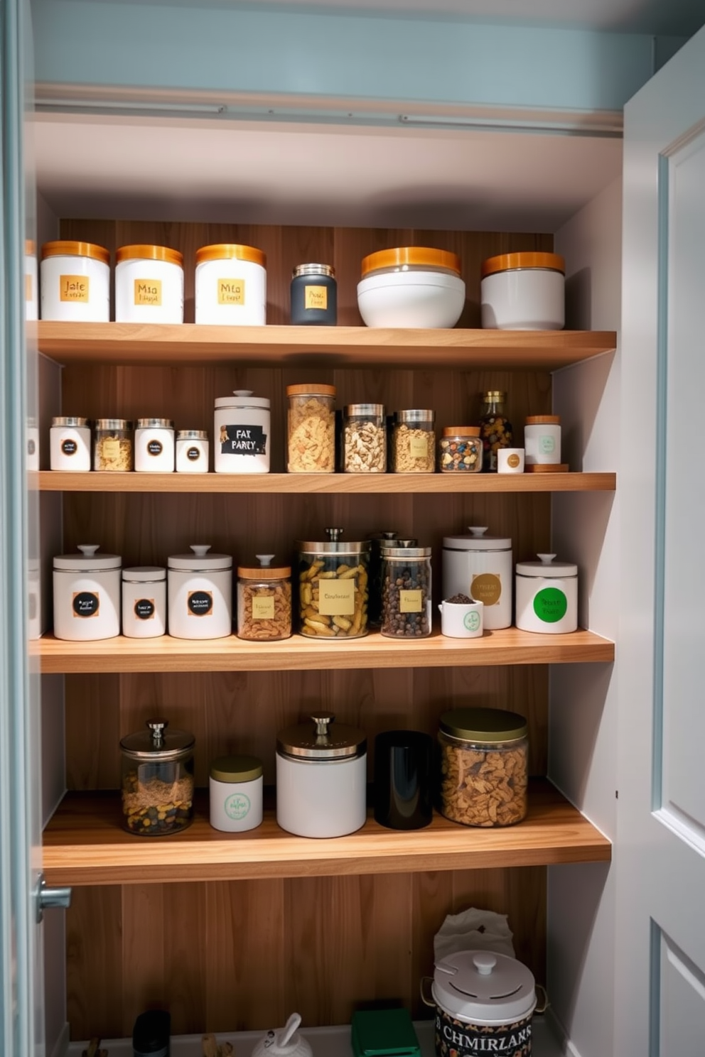 A modern open pantry featuring decorative containers arranged neatly on wooden shelves. The containers vary in size and color, adding a pop of personality while maintaining a cohesive aesthetic.