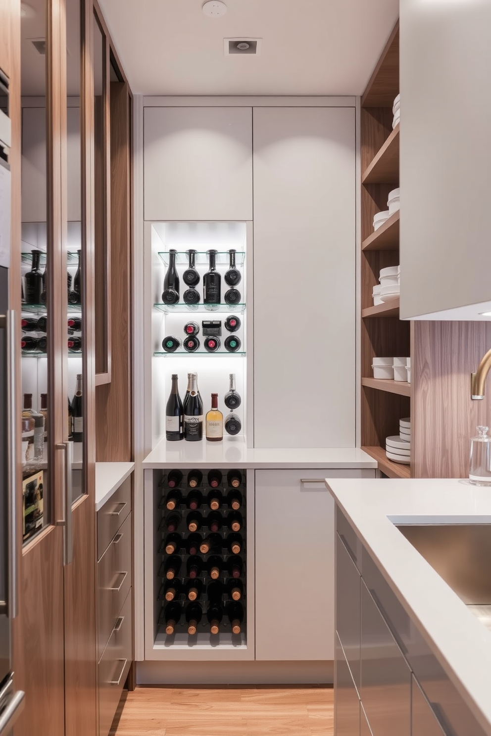 A modern open pantry design featuring a sleek wine rack integrated into the cabinetry. The wine rack holds an assortment of bottles and is illuminated by soft under-cabinet lighting, creating an inviting atmosphere. The pantry includes open shelving for easy access to ingredients and stylish storage containers. A minimalist countertop provides space for meal prep while maintaining a clean and organized look.