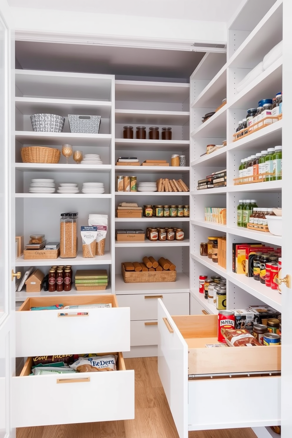 A bright and airy open pantry design features wooden shelves lined with neatly organized jars and containers. Lush green plants are strategically placed on the shelves, adding a fresh touch to the space. The pantry is illuminated by natural light streaming in through a nearby window. A rustic wooden table sits in the center, adorned with fresh herbs and a bowl of seasonal fruits.