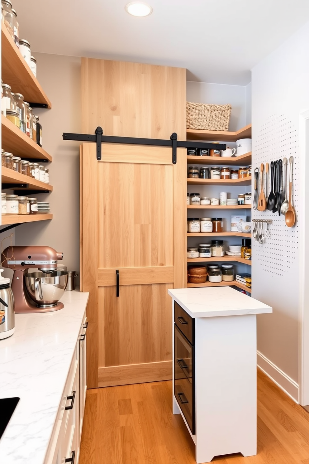 A modern open pantry featuring pegboards for hanging utensils creates a functional and stylish space. The pegboards are adorned with an assortment of cooking tools, herbs in small pots, and decorative jars, enhancing both accessibility and aesthetics.