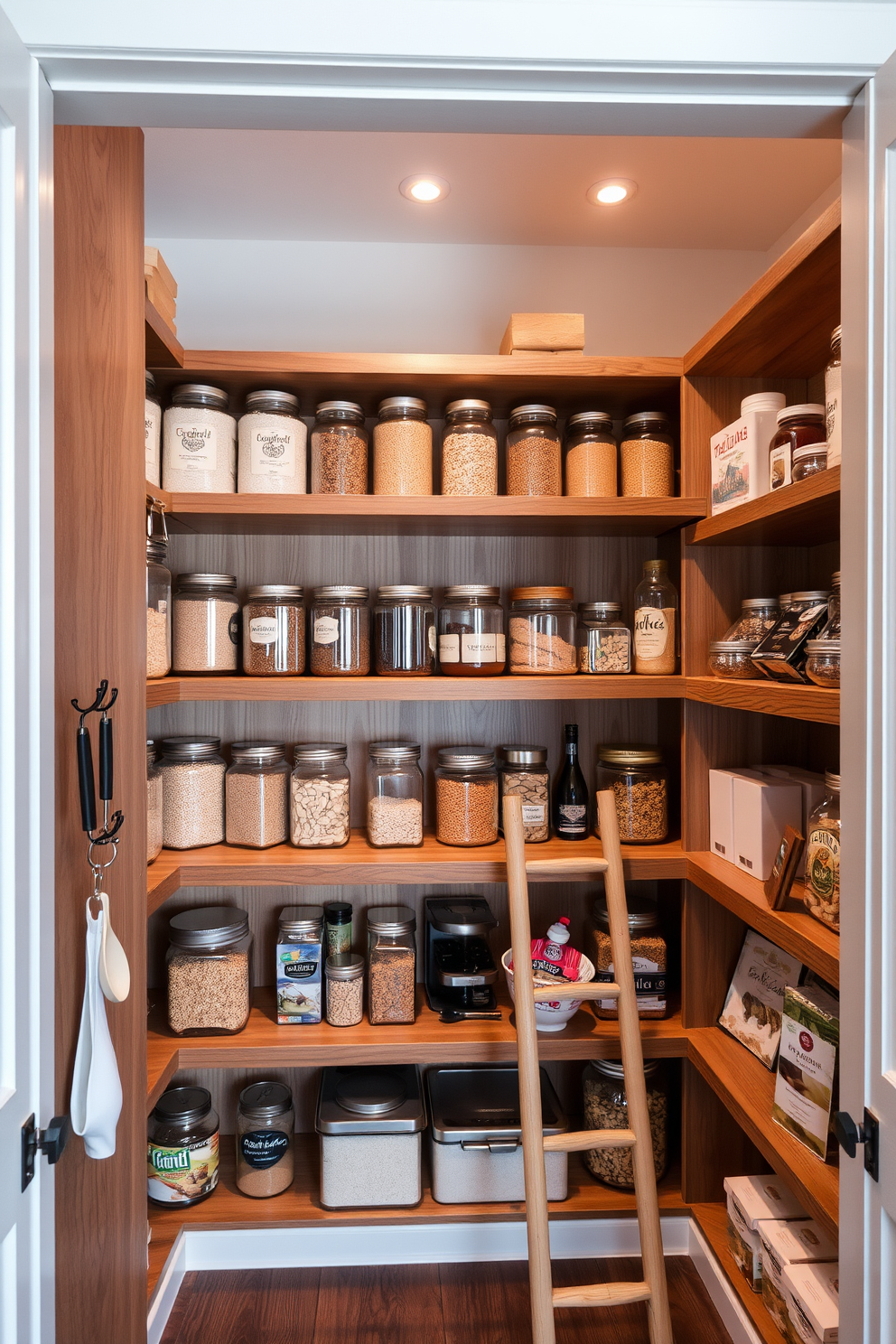 A stylish open pantry design featuring wooden shelving that showcases a variety of jars and containers filled with grains, spices, and snacks. Hooks for utensils and tools are mounted on the side of the shelves, providing easy access and a functional aesthetic. The pantry is illuminated by warm lighting, creating an inviting atmosphere. A small wooden ladder leans against the shelves, adding a rustic touch while allowing for easy reach to the top storage.