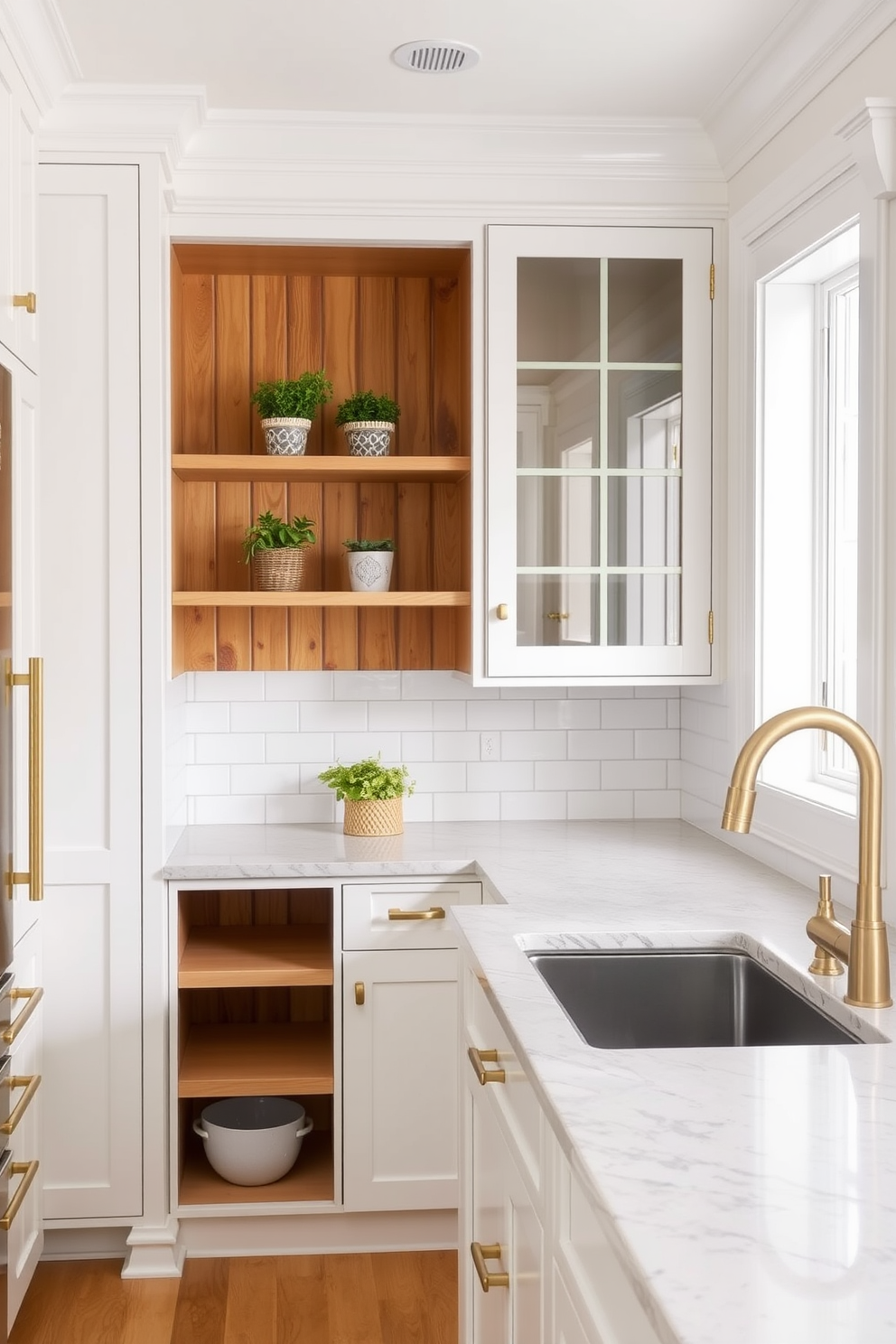 A bright and airy kitchen featuring an open pantry design. The cabinetry is painted in a soft white, while the pantry shelves are made of natural wood, creating a warm contrast. The countertops are a stunning light gray quartz that pairs beautifully with the gold hardware. Fresh herbs in decorative pots are placed on the shelves, adding a touch of greenery and life to the space.