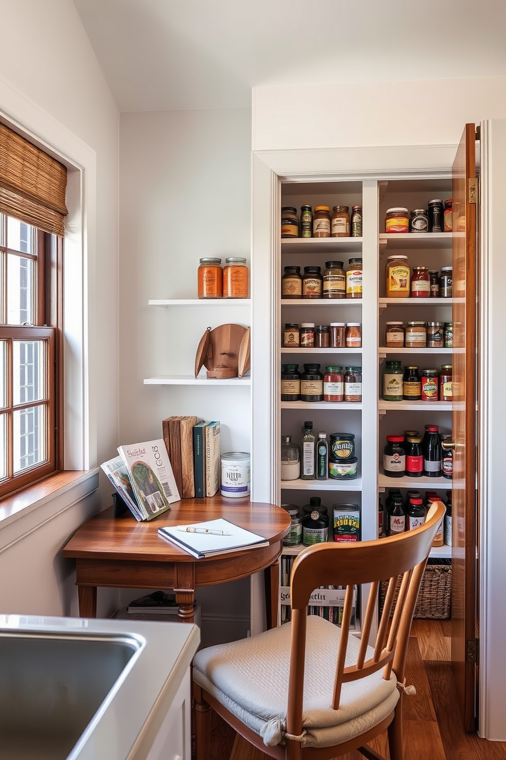 A cozy coffee station area featuring a sleek espresso machine on a wooden countertop. Above the countertop, open shelving displays an array of colorful coffee mugs and jars filled with coffee beans and sugar. An inviting open pantry design with floor-to-ceiling shelves made of reclaimed wood. The shelves are lined with neatly organized jars of spices, grains, and snacks, complemented by soft, ambient lighting that enhances the warm atmosphere.