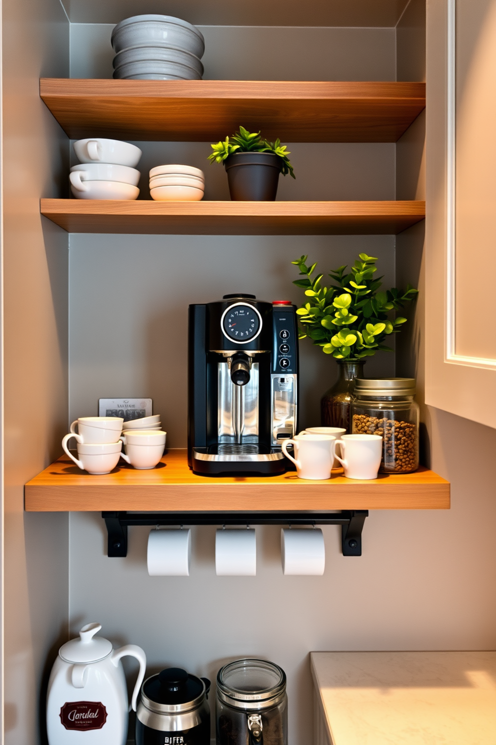 Create a cozy coffee station within the pantry featuring a compact espresso machine on a sleek wooden shelf. Surround the machine with stylish ceramic mugs and a selection of gourmet coffee beans displayed in clear jars. Incorporate warm lighting above the station to create an inviting atmosphere. Add a small potted plant for a touch of greenery, and ensure there is ample counter space for preparation and serving.