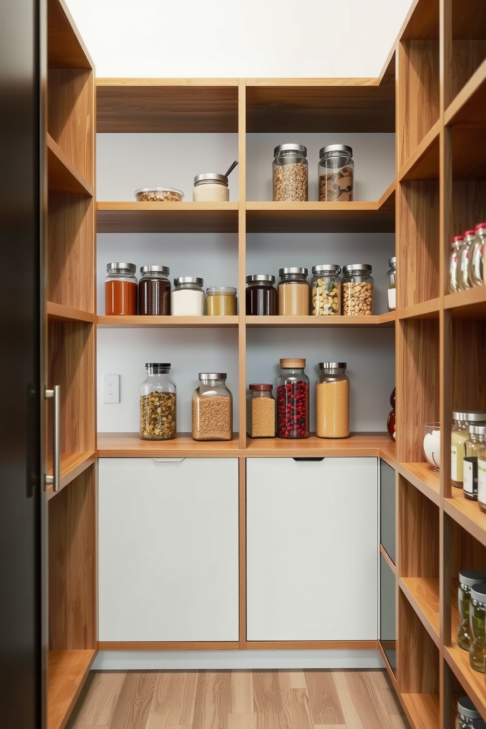 A charming open pantry design featuring vintage jars for storage. The shelves are lined with an assortment of colorful jars filled with dry goods, creating a visually appealing display. The pantry walls are painted in a soft pastel hue, complemented by natural wood shelving. A rustic ladder leans against the shelves, adding character and providing easy access to the top items.