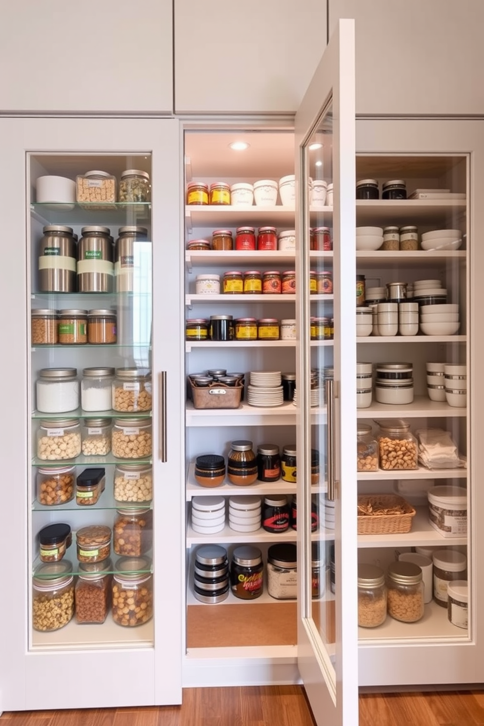 A modern open pantry features sleek glass doors that provide a clear view of organized shelves filled with stylish containers. The design incorporates minimalist cabinetry and ambient lighting to enhance the contemporary aesthetic while maintaining functionality.