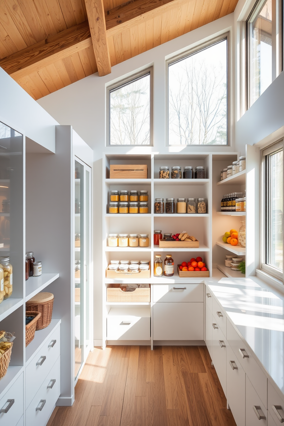 A modern open pantry design featuring a spacious layout with white shelving and wooden accents. Large windows allow natural light to flood the space, highlighting the organized jars and fresh produce displayed on the shelves.