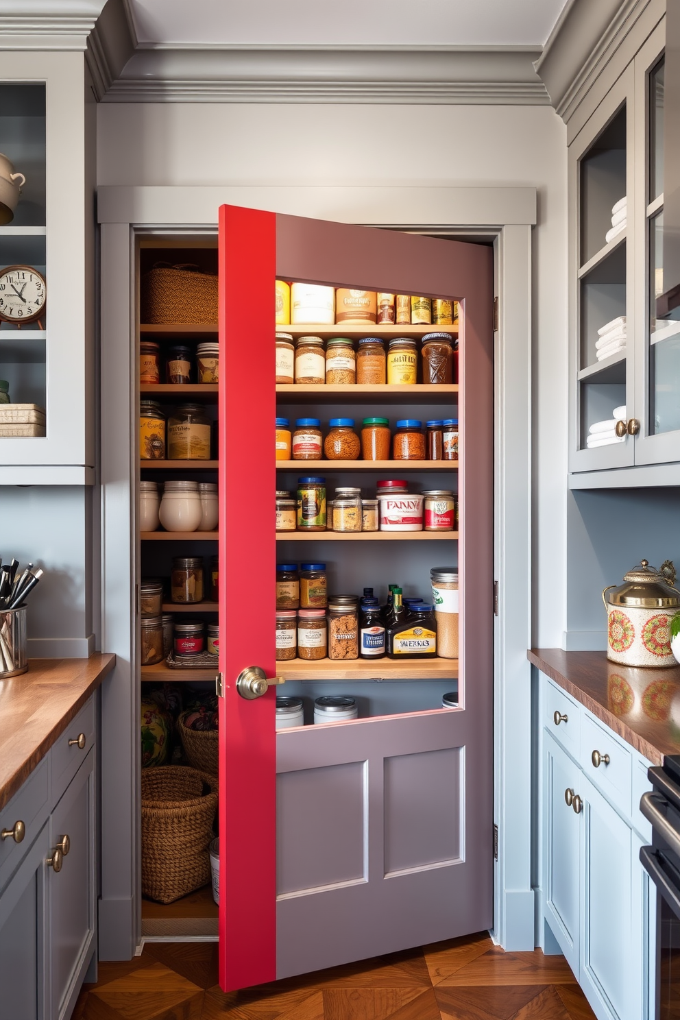 A modern open pantry design features modular shelving that allows for easy customization and organization. The shelves are made of light wood and are arranged in varying heights to accommodate different sized containers and jars. The pantry is painted in a soft white color, creating a bright and airy feel. Large glass jars filled with grains and spices are displayed prominently, while smaller baskets hold snacks and cooking essentials.