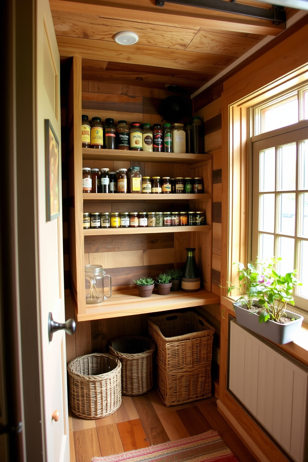 A cozy open pantry featuring reclaimed wood shelves that display an array of colorful spices and jars. The warm tones of the wood create a rustic charm, complemented by woven baskets for storage and a small herb garden on the windowsill.